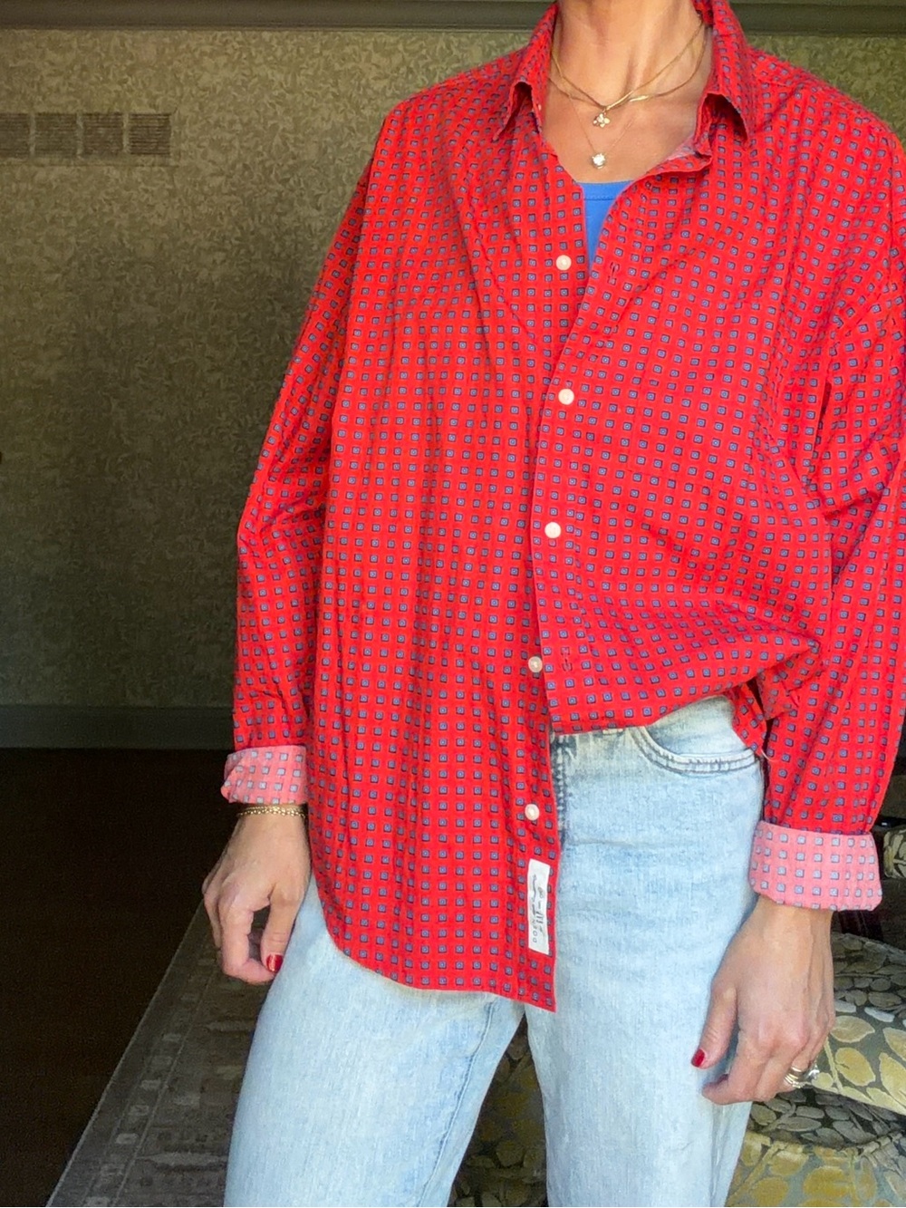 Gap Dōen Geometric Button Down in Red & Blue Size Medium